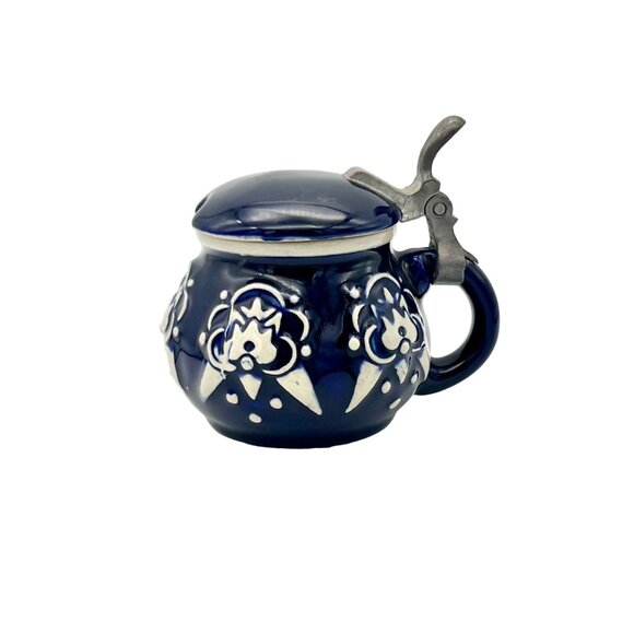 Wekara Other - Vintage Wekara German Lidded Mustard Pot Stein Blue White Stoneware 3.5"H